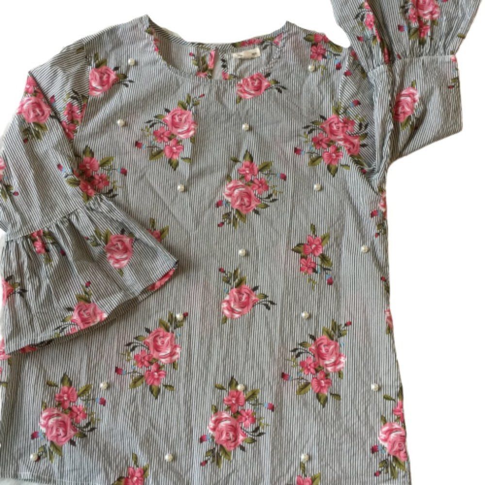JENNIFER & GRACE Black & White Pinstripe Pink Floral Bell Sleeves Blouse M